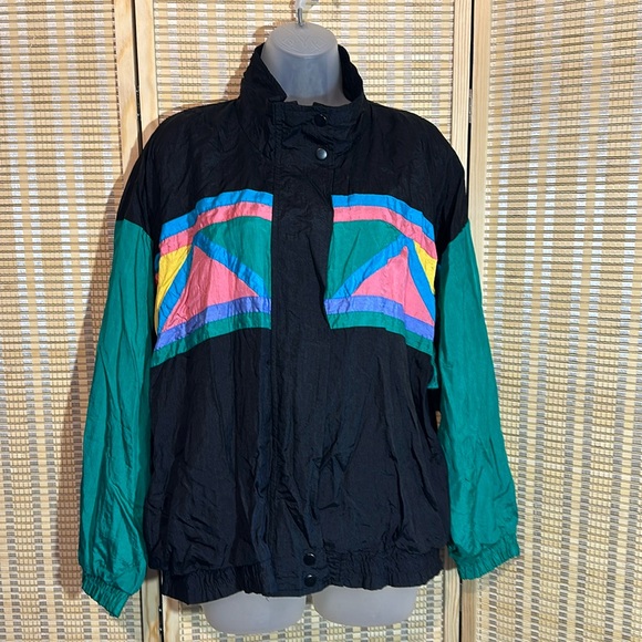 Vintage Jackets & Blazers - Ashley Hill Vintage 1990s Y2K Black Green Colorblock Zip Front Windbreaker Large